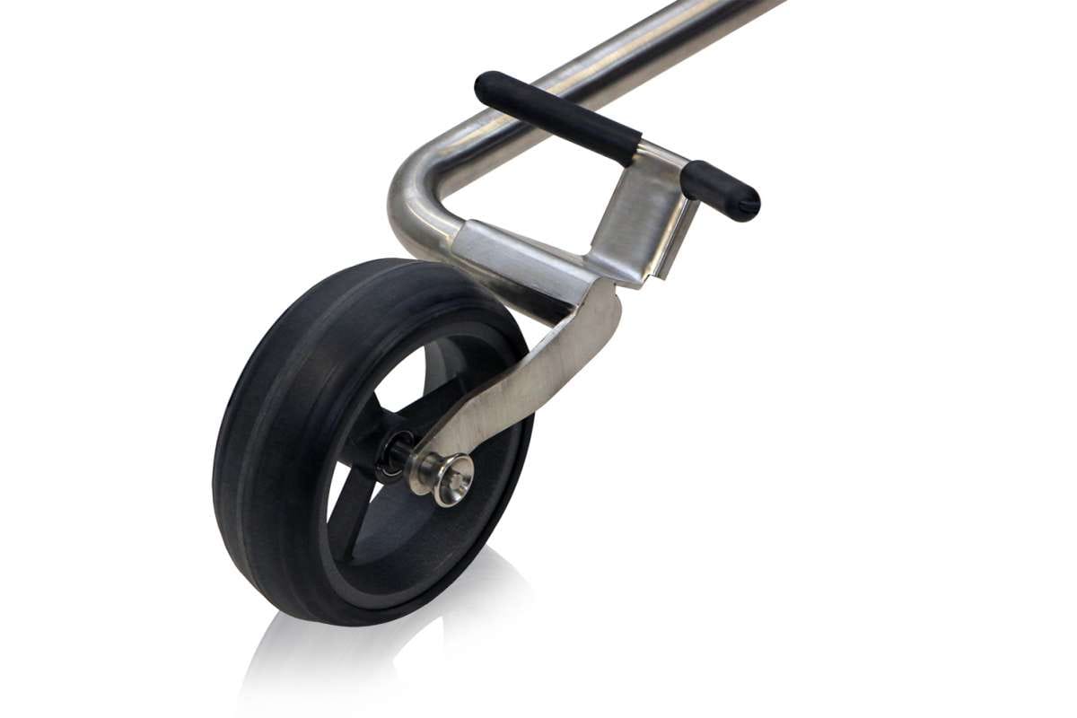 Elektrischer Golftrolley vorderes Rad mit Aluminiumrahmen und schwarchem Griff in Blau.