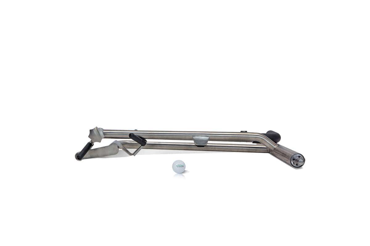 Silberner PG-Powergolf Challenger Stahl-Golftrolley-Rahmen mit integriertem Griff und Rädern.