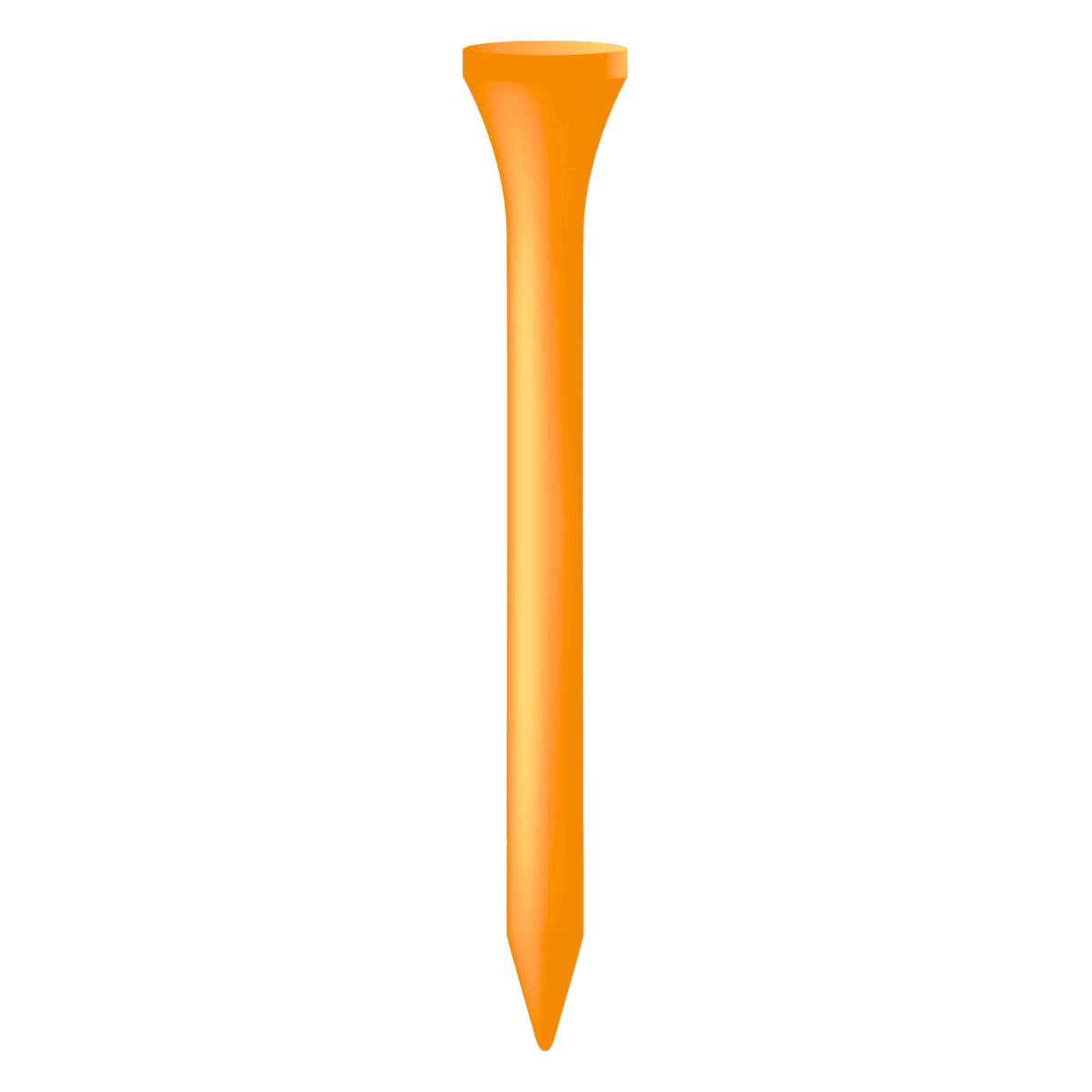 Kurzer orangener Holztees mit glatter Oberfläche und abgeschrägter Spitze, 5,4 cm lang.