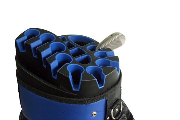 Blau-schwarzes wasserdichtes Golfbag mit gepolsterten Schläfereinsätzen und Orga Top, 105 cm.