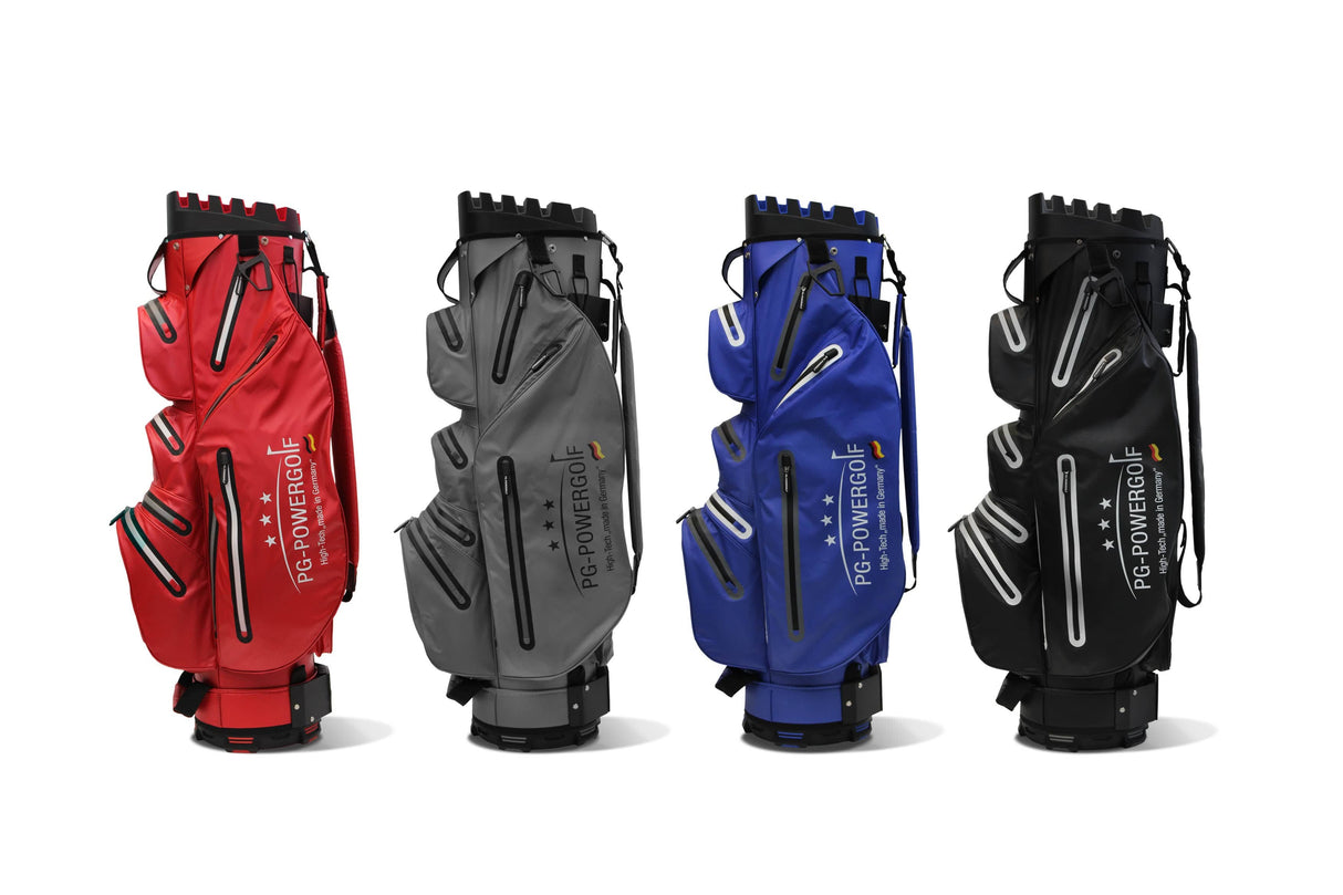 Vier zweifarbige wasserdichte Orga 105 Dry M Golfbags in Rot, Grau, Blau und Schwarz mit mehreren Taschen und Orga.