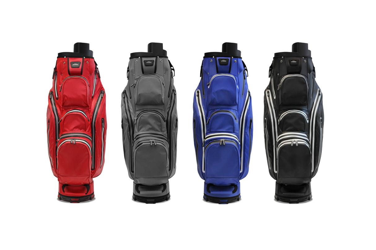 Vier zweifarbige Orga 105 Dry M wasserdichte Golf-Cartbags in Rot, Grau, Blau und Schwarz mit mehreren Fächern.