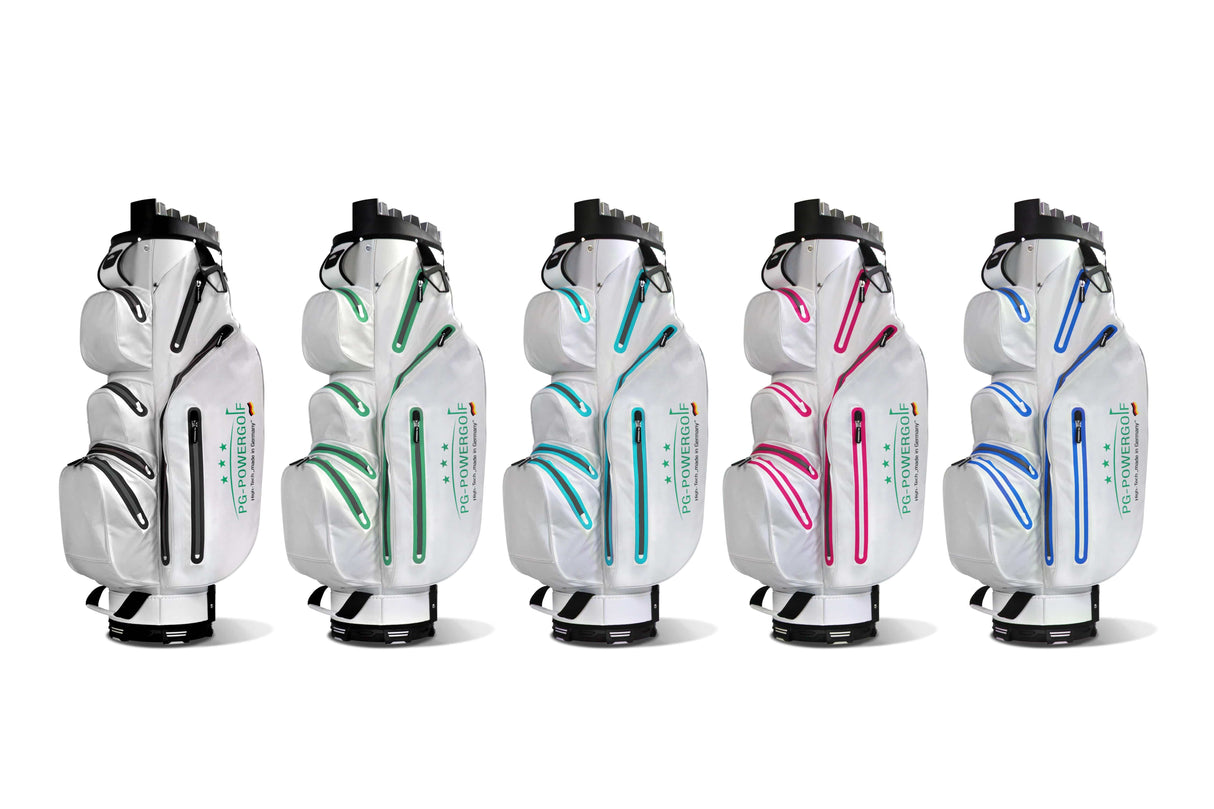 Wasserdichtes Orga 105 Dry M Golfbag in Weiß mit schwarzen, grünen, türkisfarbenen, pinken und blauen Akzenten, leicht und.