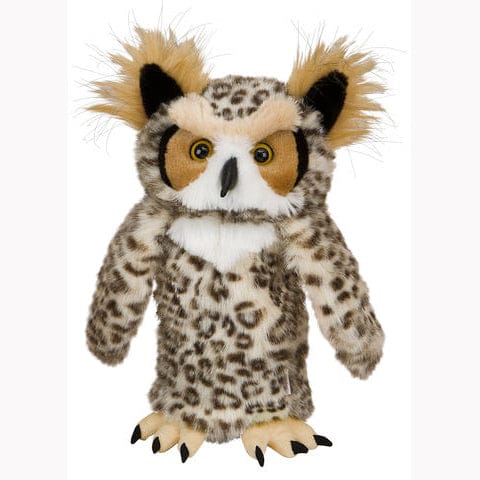 Kuschelige Golf-Schlägerhaube in Eulenform mit braun-beigen Flecken und gelben Augen.