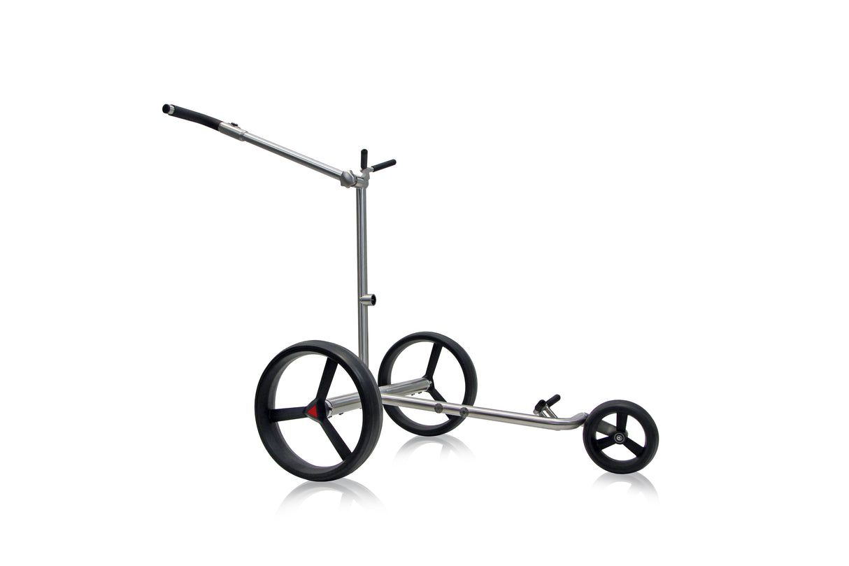 Blauer PG-Powergolf SteelCad Zorro Flat Elektrotrolley mit drei Rädern und minimalistischer Rahmenstruktur.