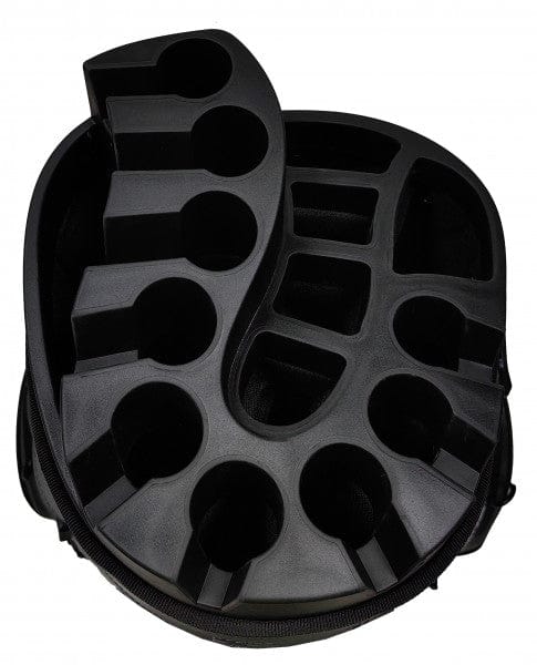 Schwarzes Leisure Golf Watersafe Organizer Cartbag mit mehreren Fächern und Platz für Golfschläger.
