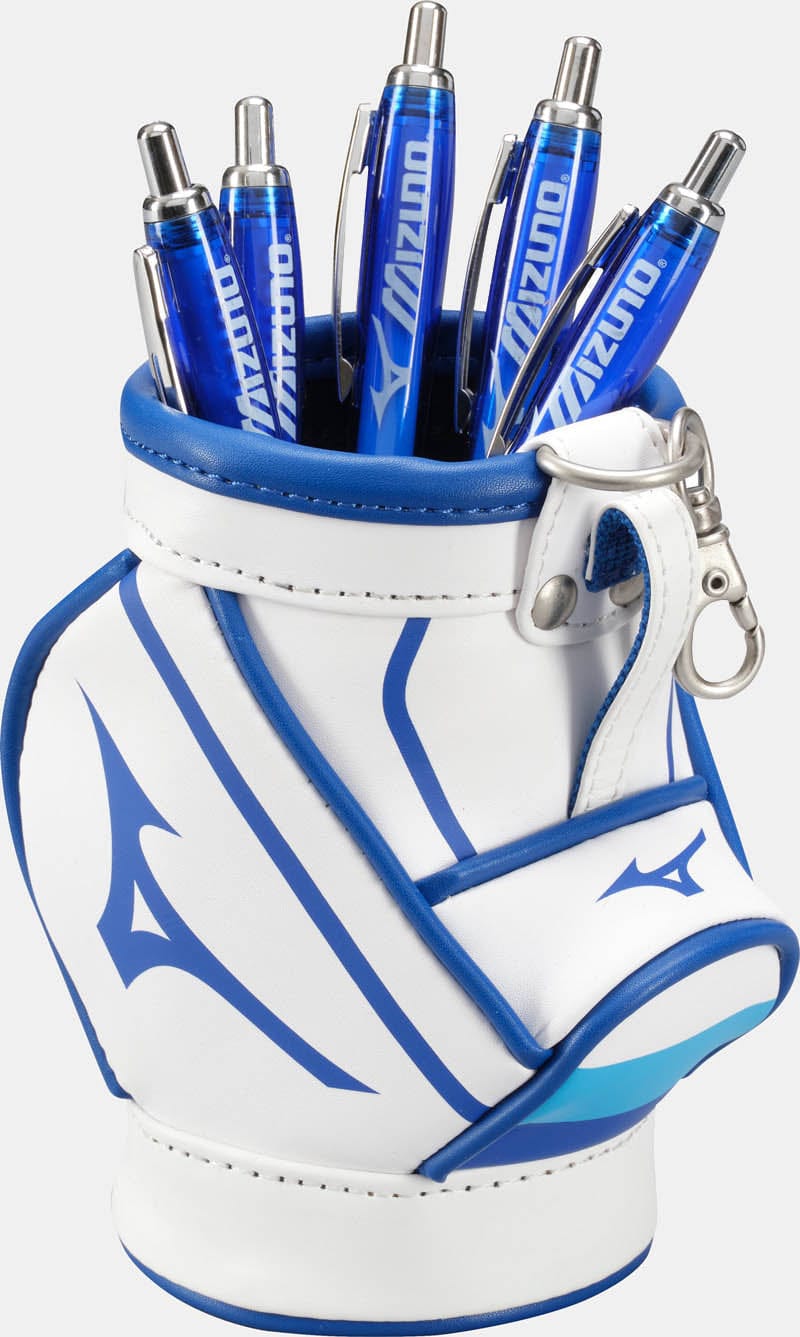 Weiß-blauer Mizuno Golf Tour Stift Caddy mit Stiften und Karabinerclip.