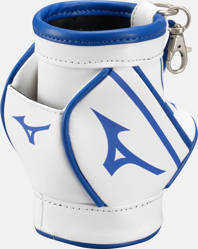 Weiß-blauer Mizuno Golftaschen Stift Caddy mit Karabinerhaken und Logo.