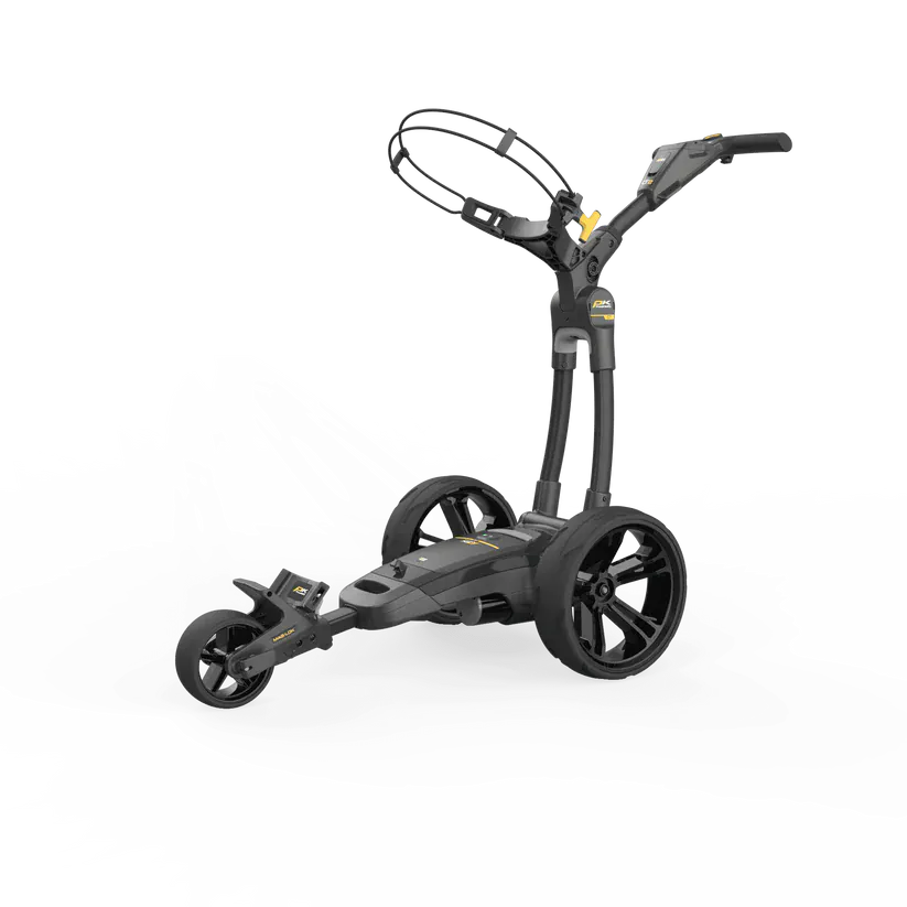 Schwarzer elektrischer Golftrolley CT2 EBS XL Lithium mit drei Rädern und integriertem Griff.