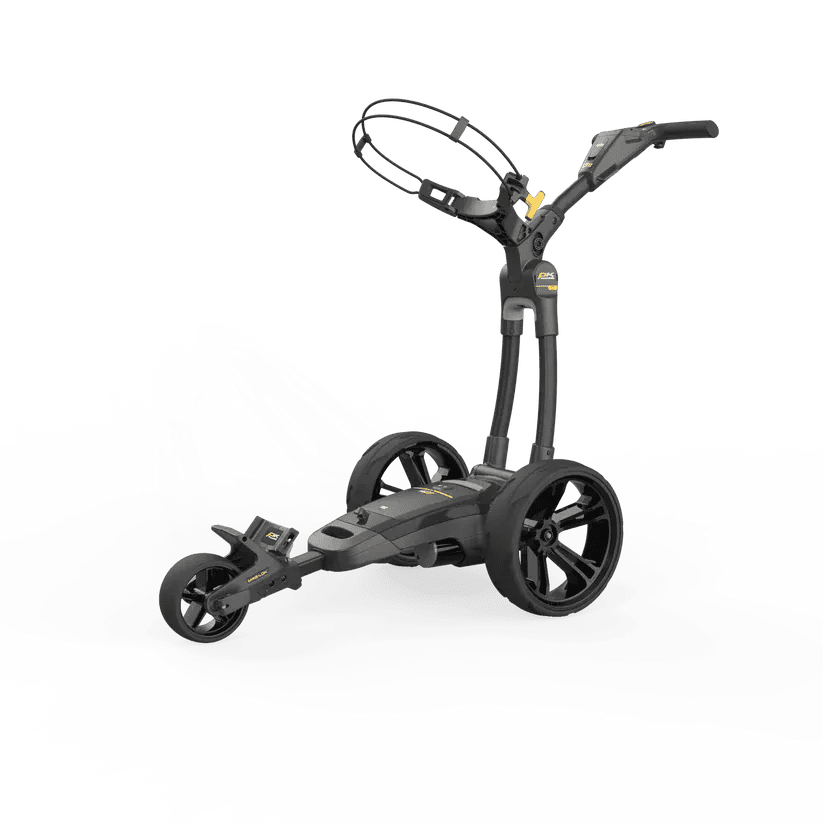 Schwarzer elektrischer Golftrolley CT2 EBS XL Lithium mit drei Rädern und integriertem Griff.