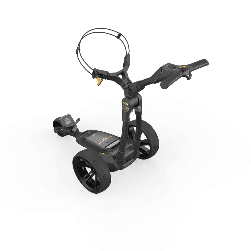 Schwarzer elektrischer Golftrolley CT2 EBS XL mit zwei großen Rädern und integriertem Griffdisplay.