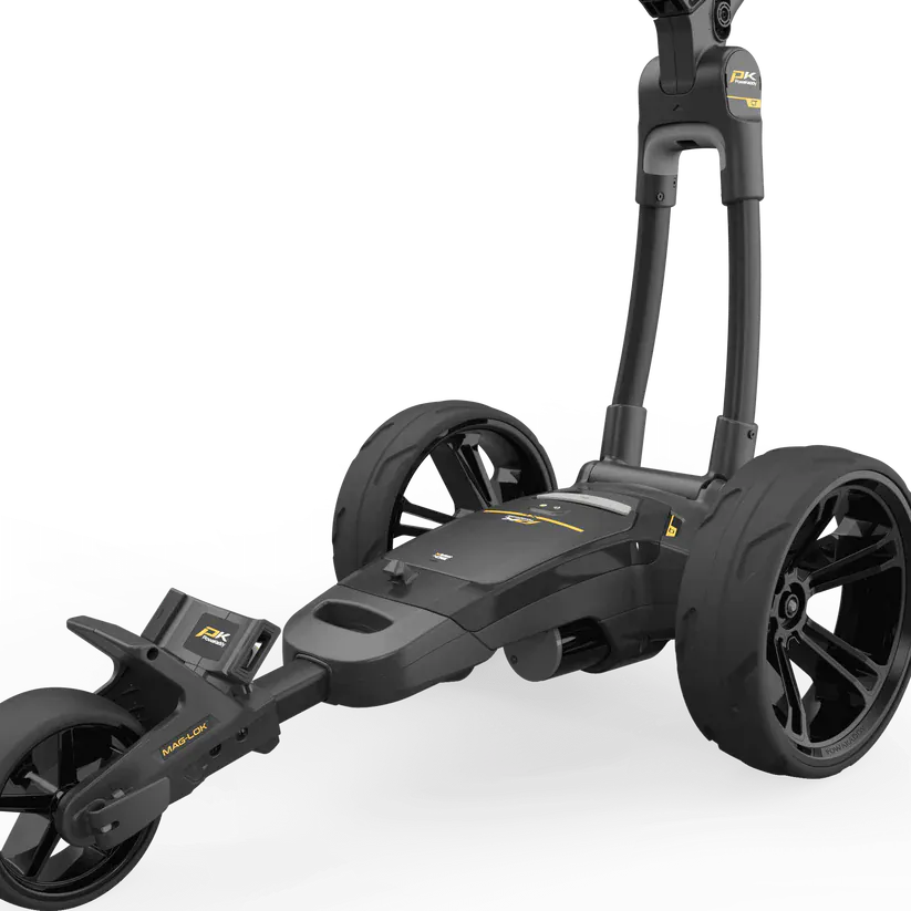 Schwarzer elektrischer Golftrolley CT2 EBS XL mit drei Rädern und Zubehörhalterung.