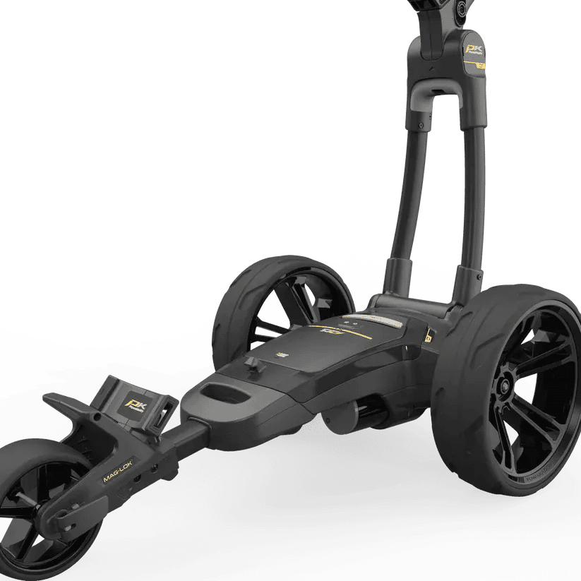 Schwarzer elektrischer Golftrolley CT2 EBS XL mit drei Rädern und Zubehörhalterung.