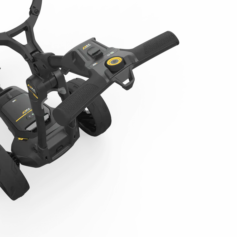 Elektro-Golftrolley CT2 EBS XL Lithium mit ergonomischem Griff und digitalem Display.