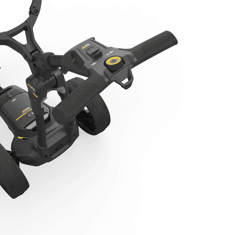 Elektro-Golftrolley CT2 EBS XL Lithium mit ergonomischem Griff und digitalem Display.