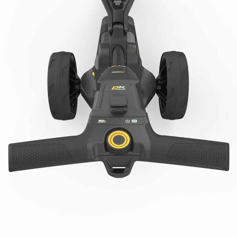 Schwarzer elektrischer Golftrolley CT2 EBS XL Lithium mit breitem Griff und gelbem Knopf.