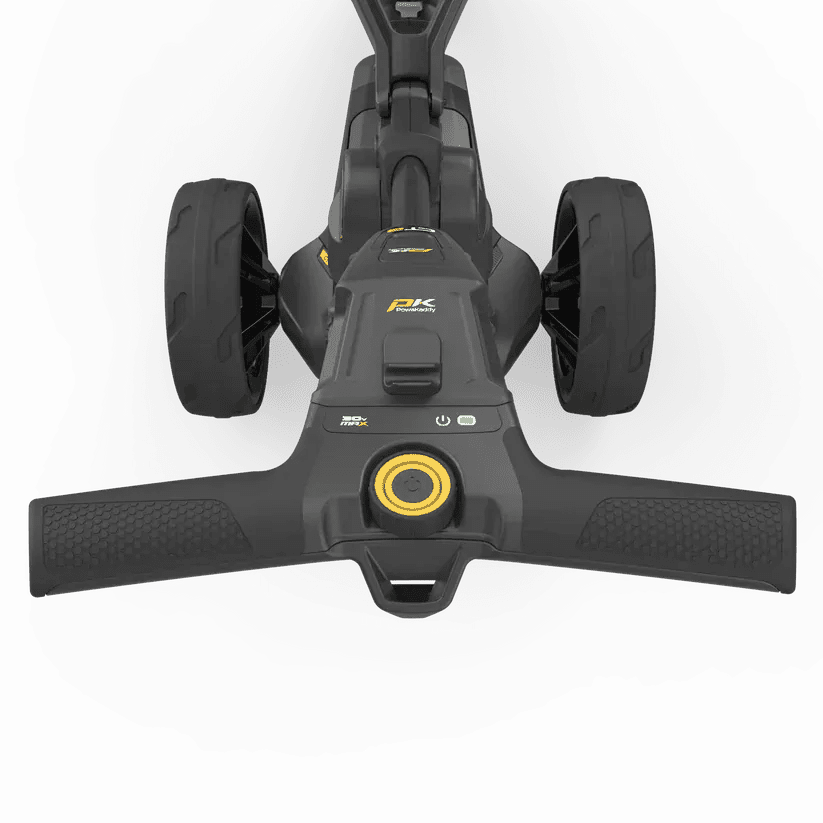 Schwarzer elektrischer Golftrolley CT2 EBS XL Lithium mit breitem Griff und gelbem Knopf.