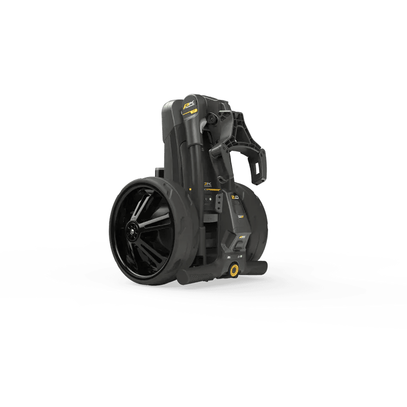 Schwarzer elektrischer Golftrolley CT2 EBS XL Lithium mit großen Rädern und kompaktem faltbarem Design.