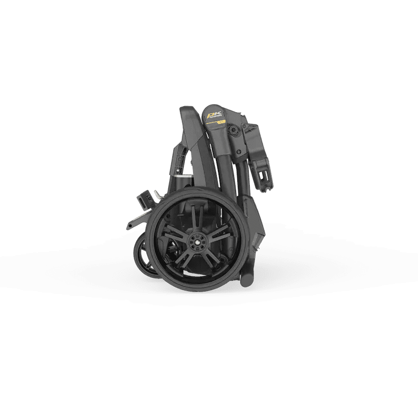 Kompakter gefalteter schwarzer elektrischer Golftrolley CT2 EBS XL Lithium mit großen Rädern.