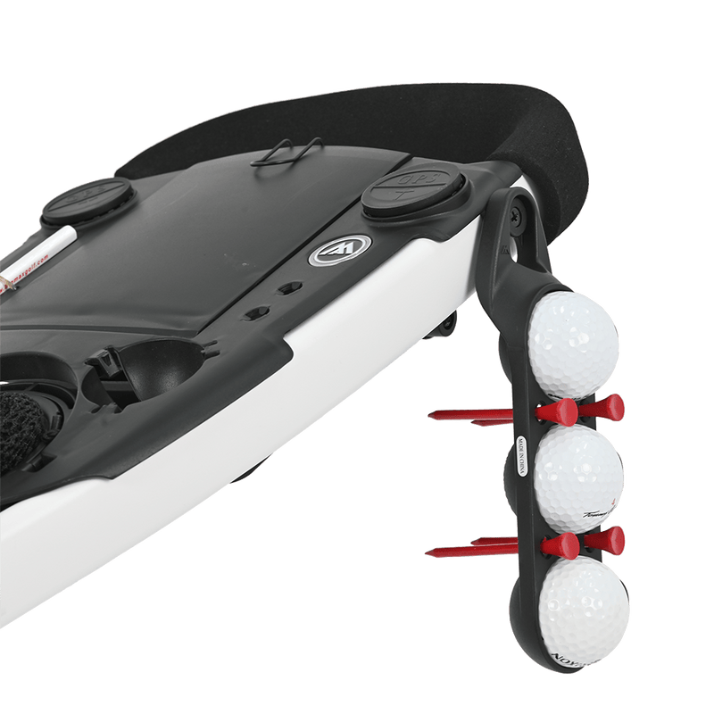 Schwarzer Quick Lok Ballhalter mit drei weißen Golfbällen und roten Halteelementen am Golftrolley.