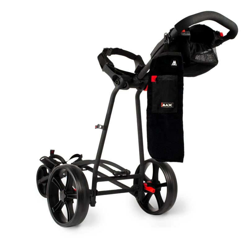 Schwarzer Trolley Zubehörhalter mit Quick Lok Befestigung und Taschen am Griff für Big Max Golf Trolley.