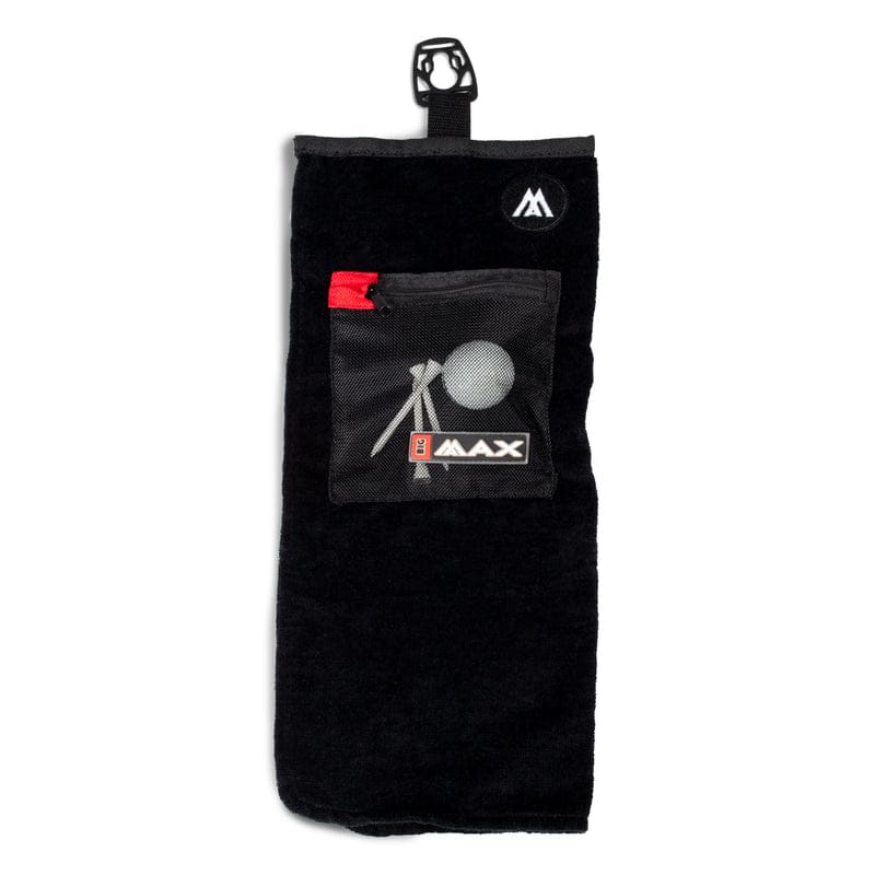 Schwarzes Quick Lok Towel BIG MAX Golfhandtuch mit Fronttasche und Befestigungsklippschlaufe.