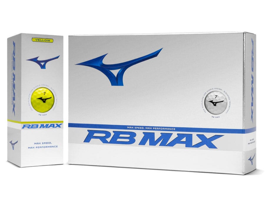 Mizuno RB MAX Golfball-Verpackung mit blauem Logo und Schriftzug auf weißem Hintergrund, 12 Dutzend Set.
