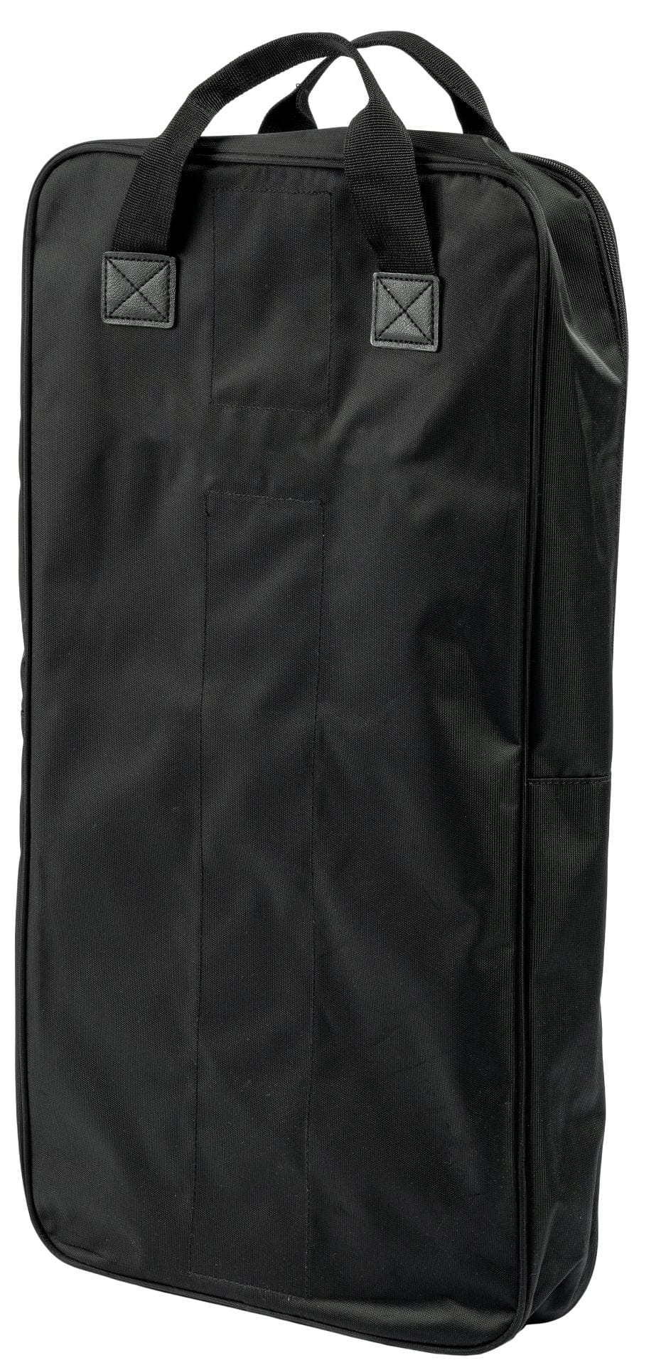 Schwarze, rechteckige Rädertasche aus robustem Stoff mit zwei Griffen und Reißverschluss.