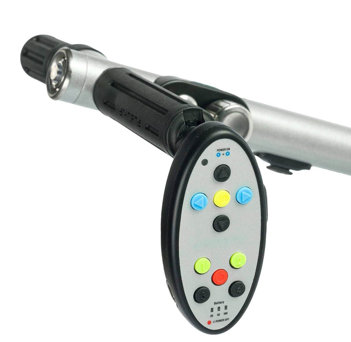 Schwarze Golf-Trolley-Fernbedienung mit farbigen Drucktasten und Aluminiumgriff.