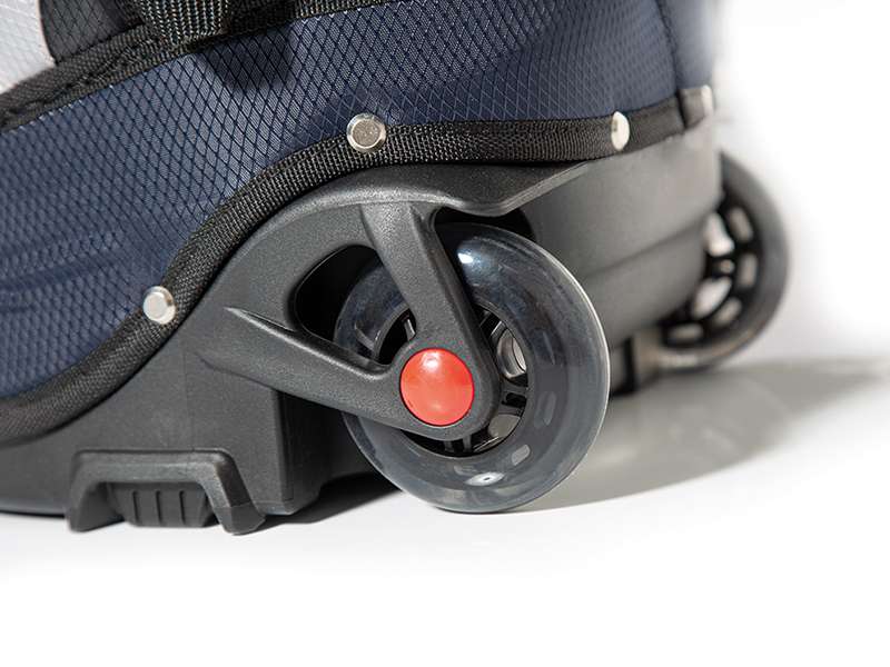 Dunkelblau-weißes JuCad Cartbag-Rad mit transparentem Gehäuse und rotem Akzent in der Radmitte.