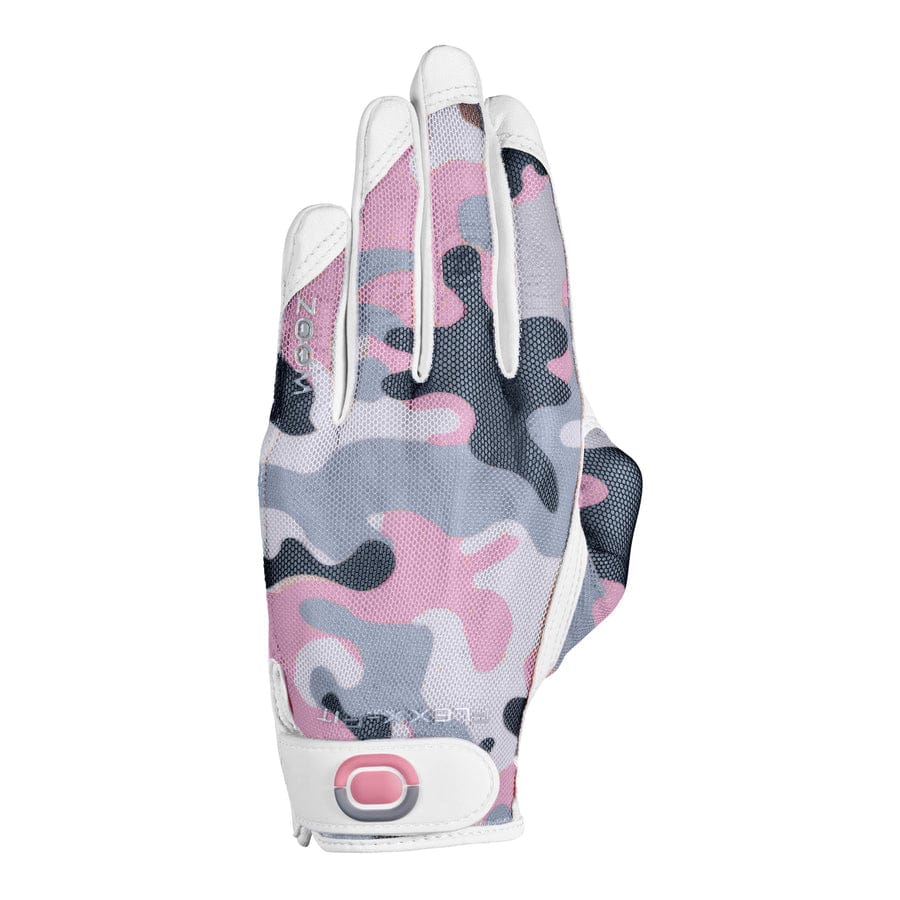 Golfhandschuh mit Camouflage-Muster in Grau, Rosa und Weiß, links, verstellbarer Klettverschluss.