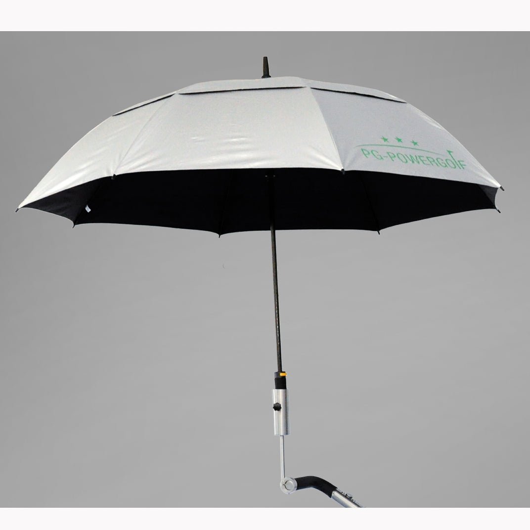 Weißer Golf-Regenschirm mit schwarzer Unterseite und grünem PG-Powergolf-Logo, ausfahrbar.