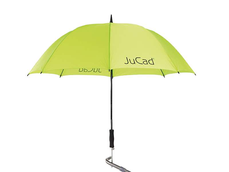 Grüner JuCad Teleskop-Golfschirm mit schwarzem Griff und Schirmstift, kompakt und stabil.