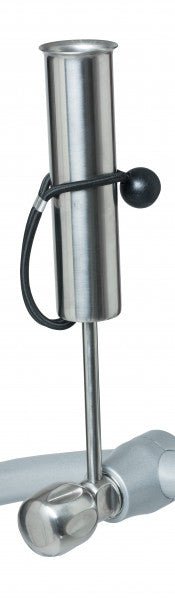 Edelstahl Regenschirmhalter mit Verzahnung und schwarzem Fixierband für Golf Trolley.