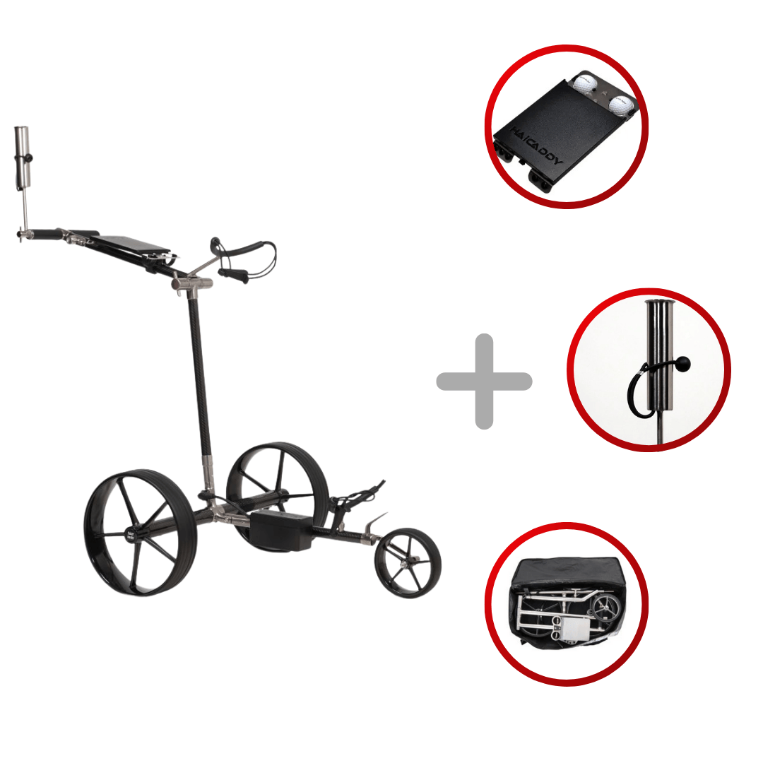 Elektrischer Haicaddy HC9TiC Golftrolley in Carbon Schwarz mit drei Detailansichten.