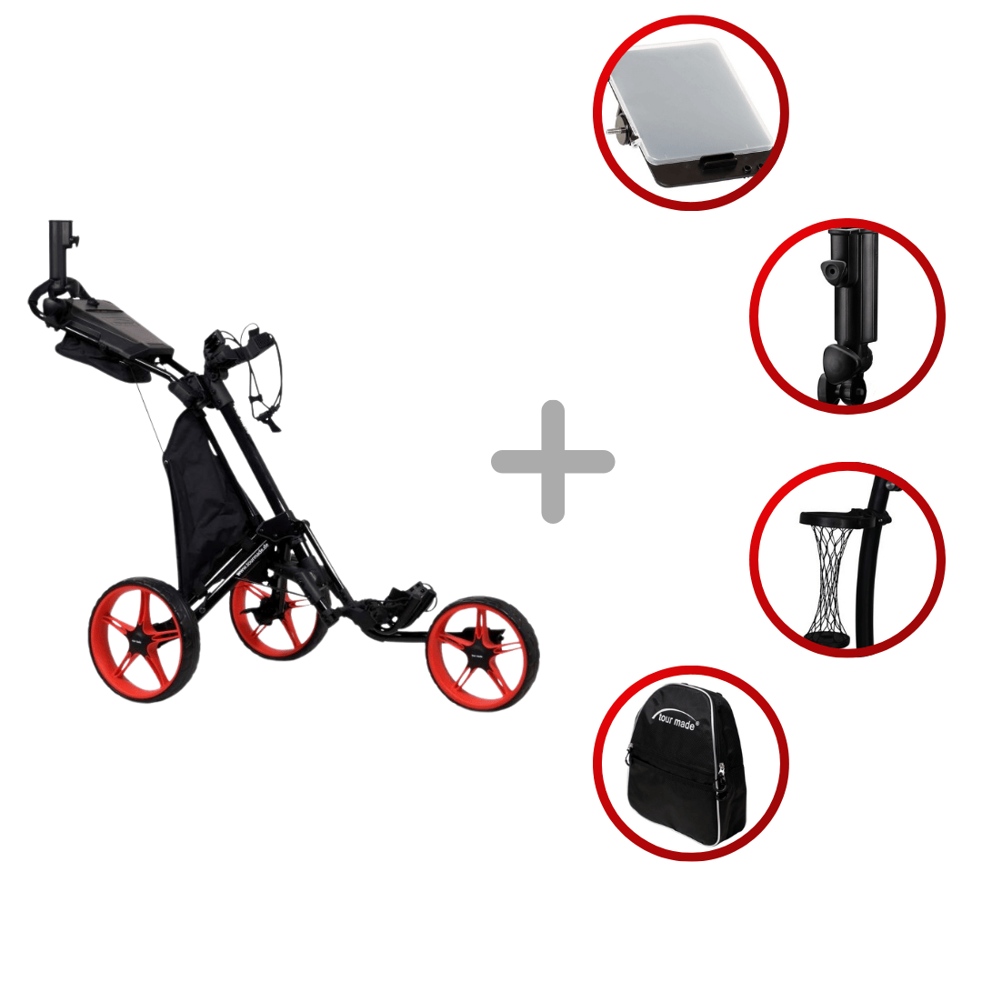 Schwarzer Tour Made 140 Quickfold Golftrolley mit roten Rädern, klappbarem Rahmen, Getränkehalter und Zubehörtasche.