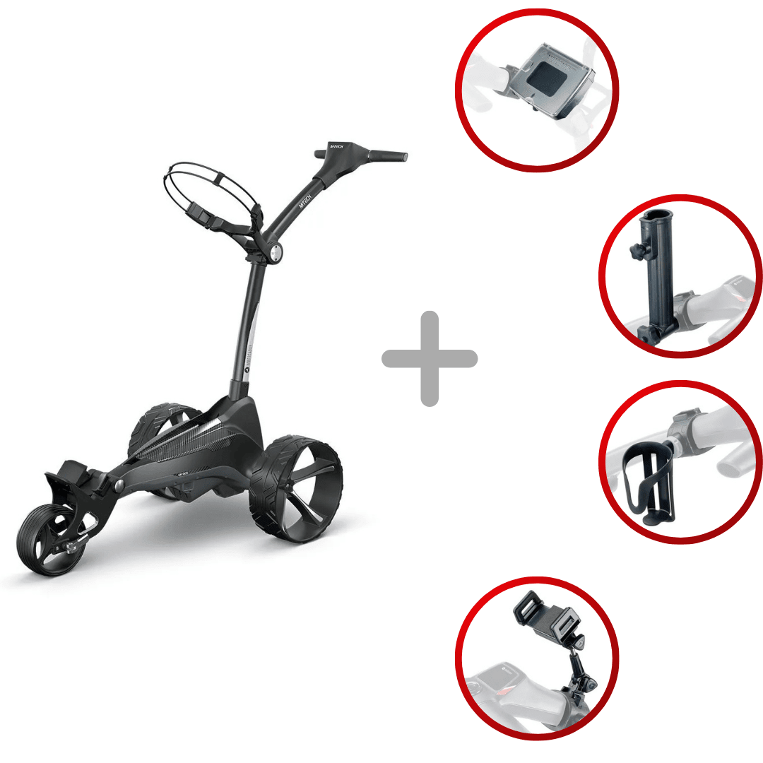 Schwarzer Motocaddy M-TECH GPS Elektro Golf Trolley mit drei Rädern und separaten Nahaufnahmen von Zubehörteilen.