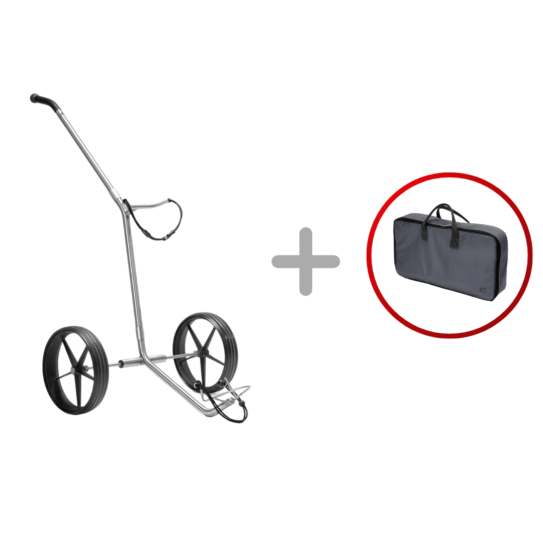 Silberner TiCad Pro Golftrolley mit zwei großen Rädern und schwarzer Tragetasche.