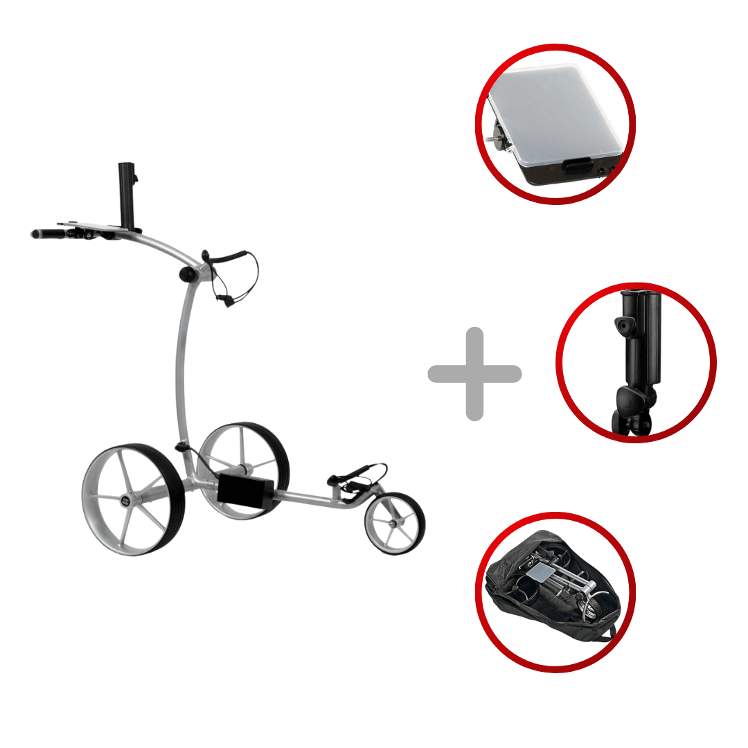 Silberner elektrischer Golftrolley Tour Made RT-670S mit drei Detailansichten von Akku, Gelenk und Motoranschluss.