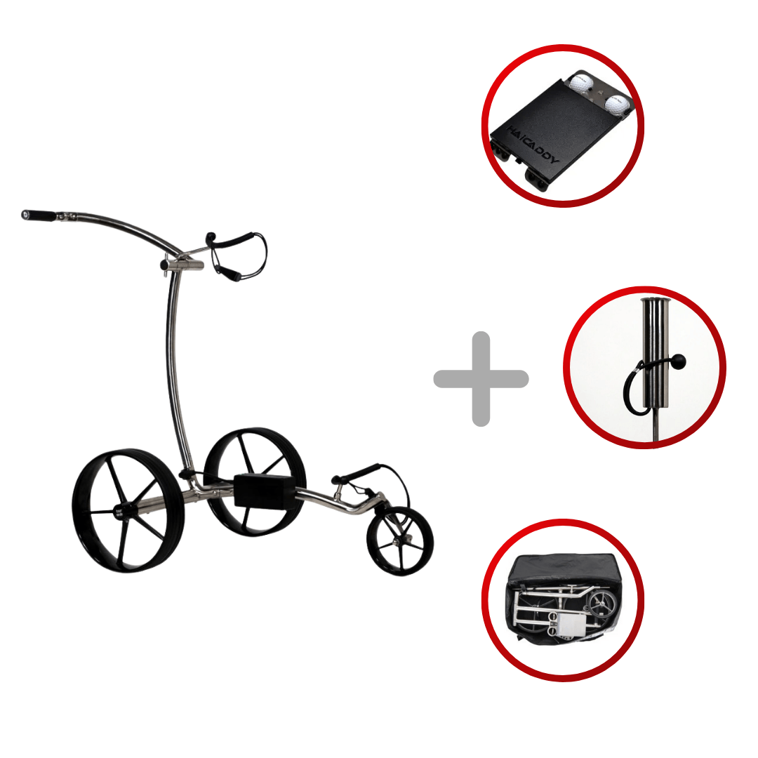 Silberner Haicaddy HC9S elektrischer Golftrolley mit schwarzen Griffen und großen Rädern, inklusive Akku, Halterung und.