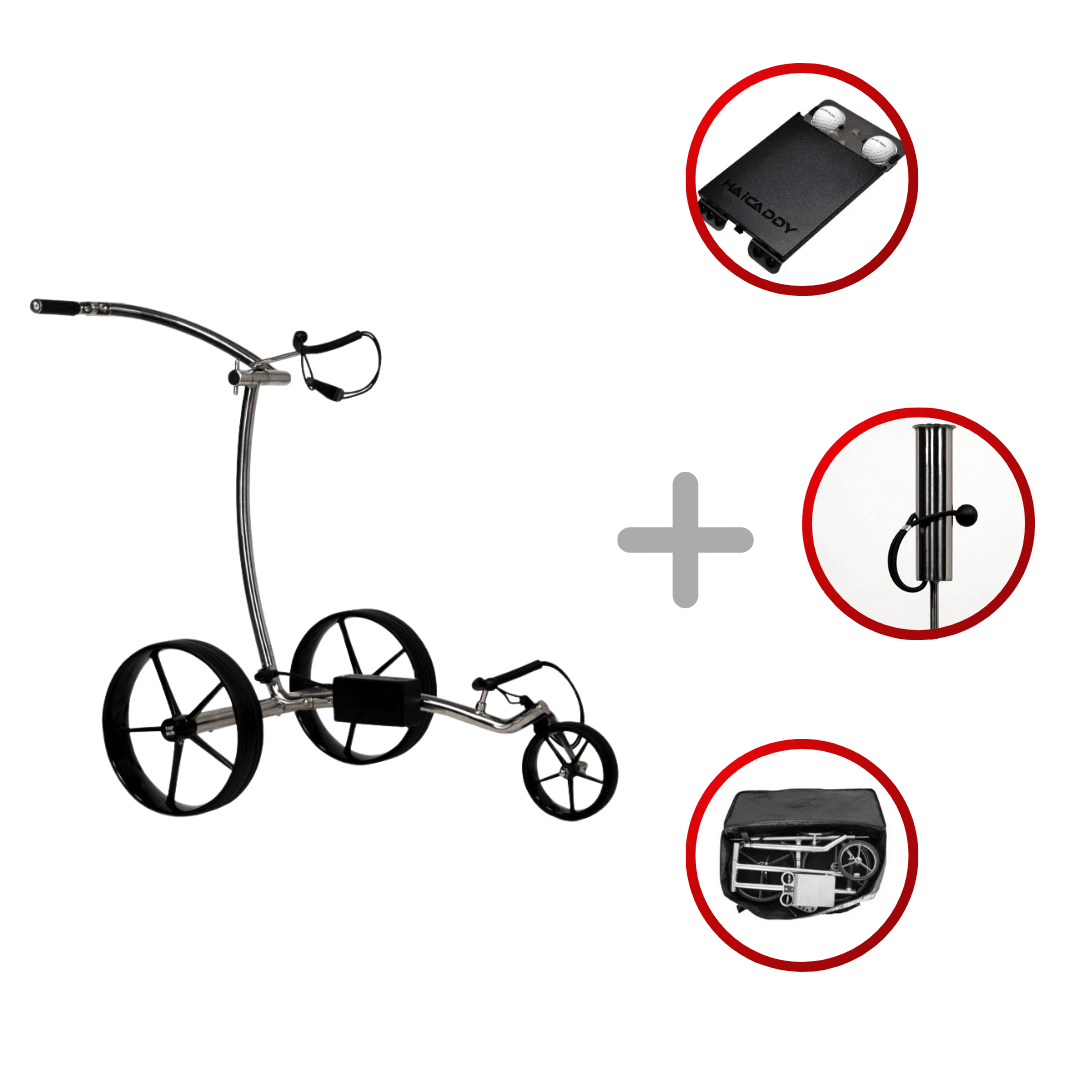 Silberner Haicaddy HC9S elektrischer Golftrolley mit schwarzen Griffen und großen Rädern, inklusive Akku, Halterung und.