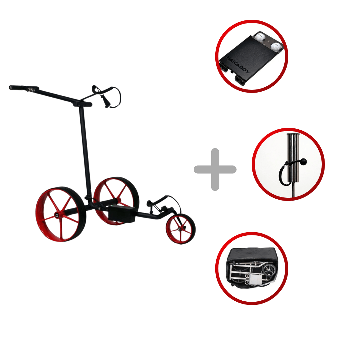 Schwarzer elektrischer Golftrolley mit roten Felgen, inkl. Golfballhalter und Zubehörclips.