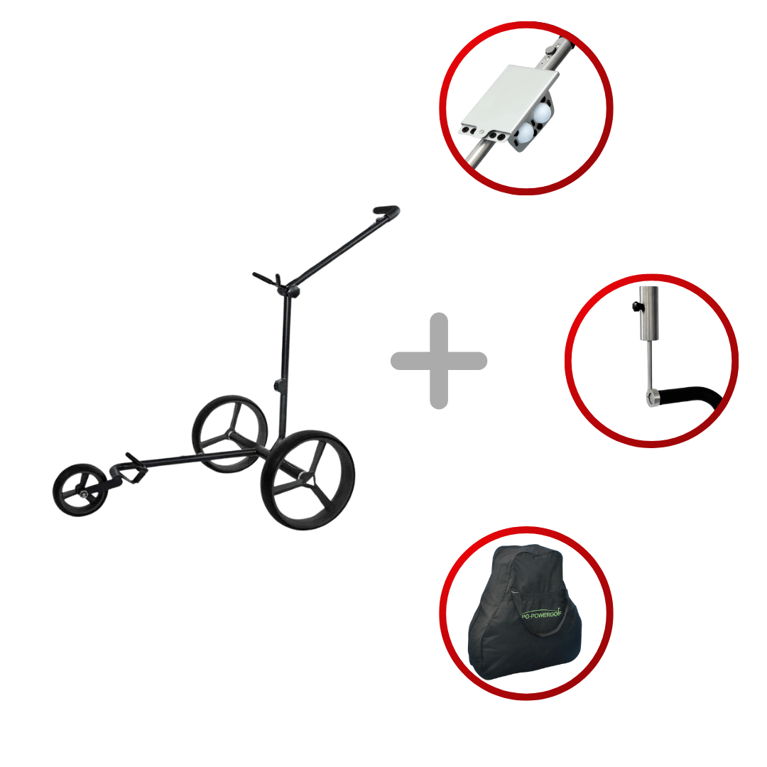 Schwarzer PG-Powergolf Nitro elektrischer Golftrolley mit Zubehör und Tragetasche.