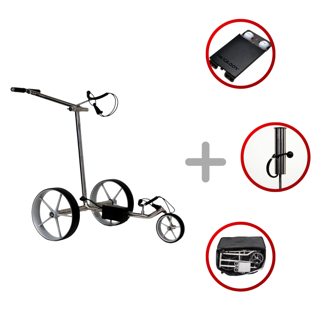 Haicaddy® HC9 Elektrocaddy - Edelstahl poliert Golftrolley Elektrisch Tourmade Silber/Silber