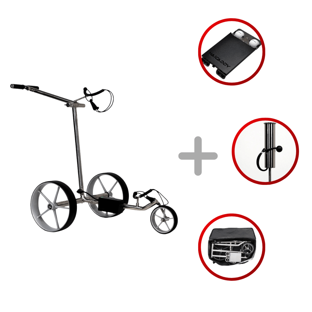 Silberner Haicaddy HC9 Elektrocaddy aus poliertem Edelstahl mit drei Zubehörteilen in roten Markierungen.