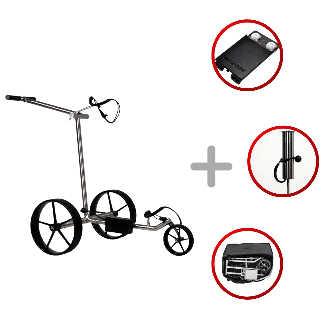 Haicaddy HC9 Elektrocaddy aus gebürstetem Edelstahl mit drei Reifen und Zubehörclips in Silber/Schwarz.
