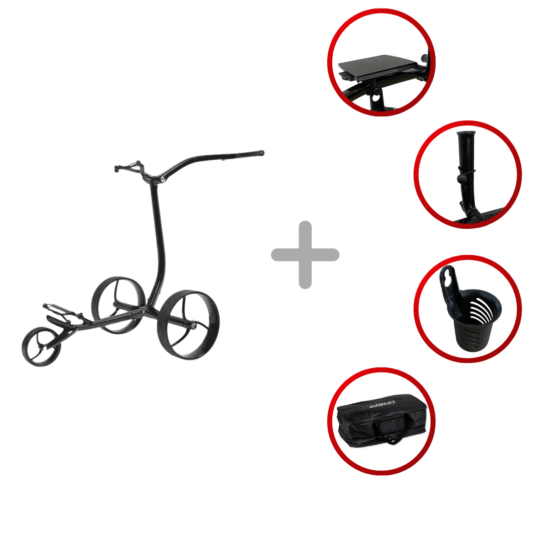 Schwarzer Galaxy Carbon Elektrotrolley mit drei Rädern, ergonomischem Griff, Getränkehalter, Trolleytasche und verstellbarer .