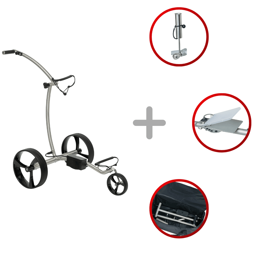 Leisure Golf Spirit Curve Elektrotrolley Edelstahl geschliffen mit Zubehör wie Halterungen und Transporttasche.