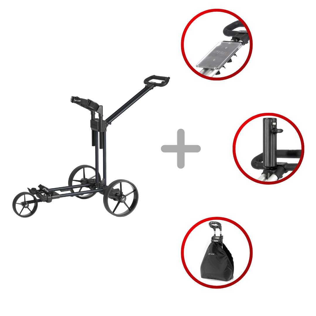 Schwarzer Flat Cat Elektrotrolley 2025 mit drei Rädern, ergonomischem Griff und Zubehör-Tasche.