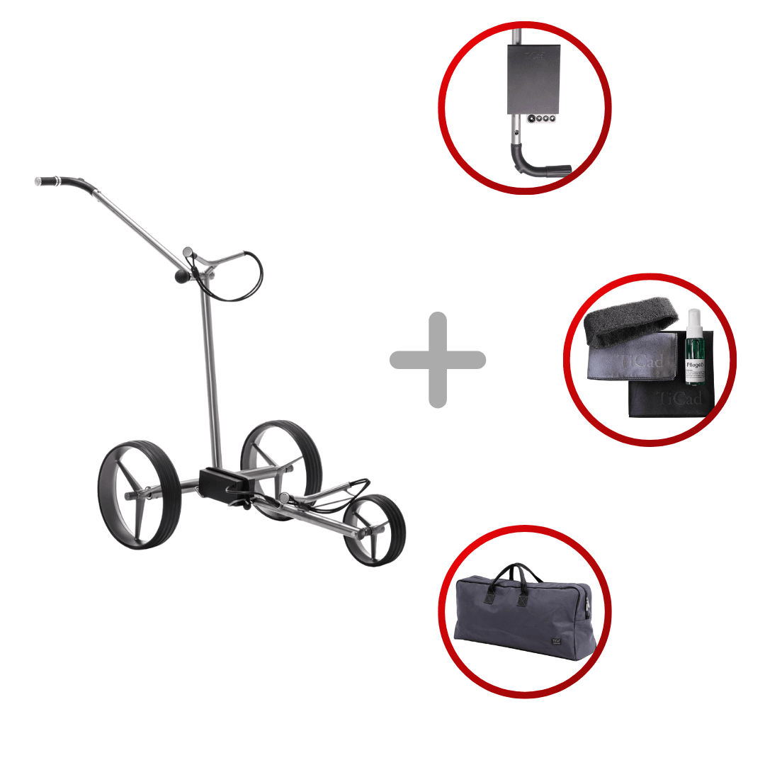 TiCad Liberty Elektro Golftrolley in silber mit TiTec Titanrädern, inkl. Akku, Ladestation und Tragetasche.